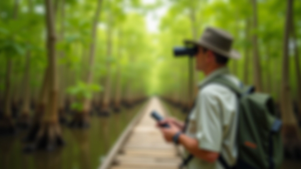 Guía experimentado señalando hacia aves en los árboles de manglar con binoculares en las manos