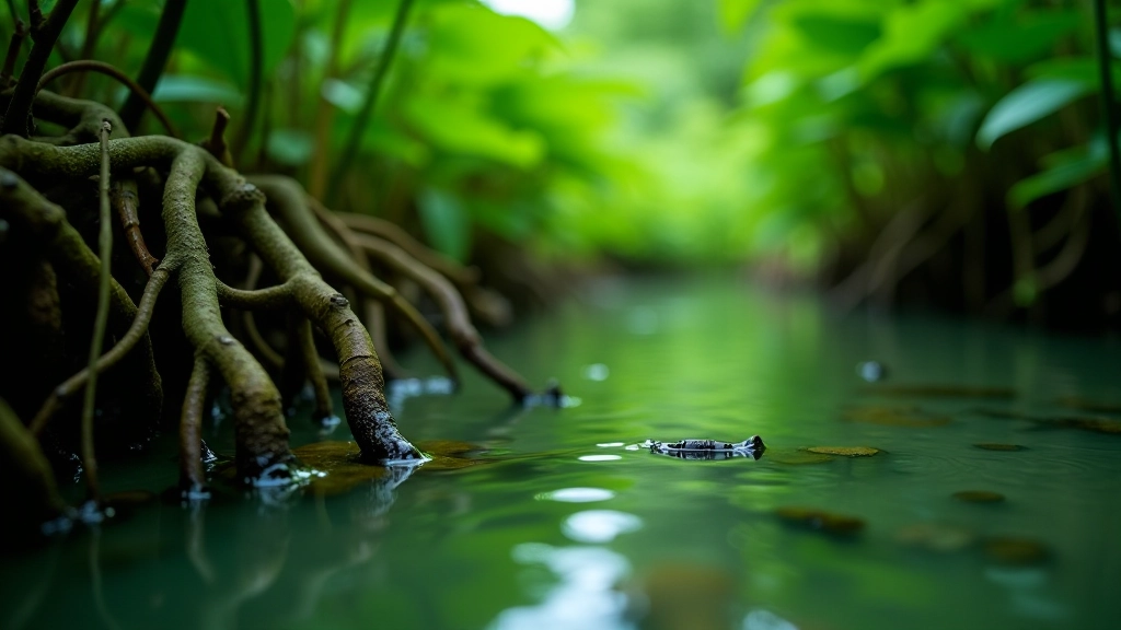 Detalle de raíces aéreas de manglar en agua clara con vegetación densa