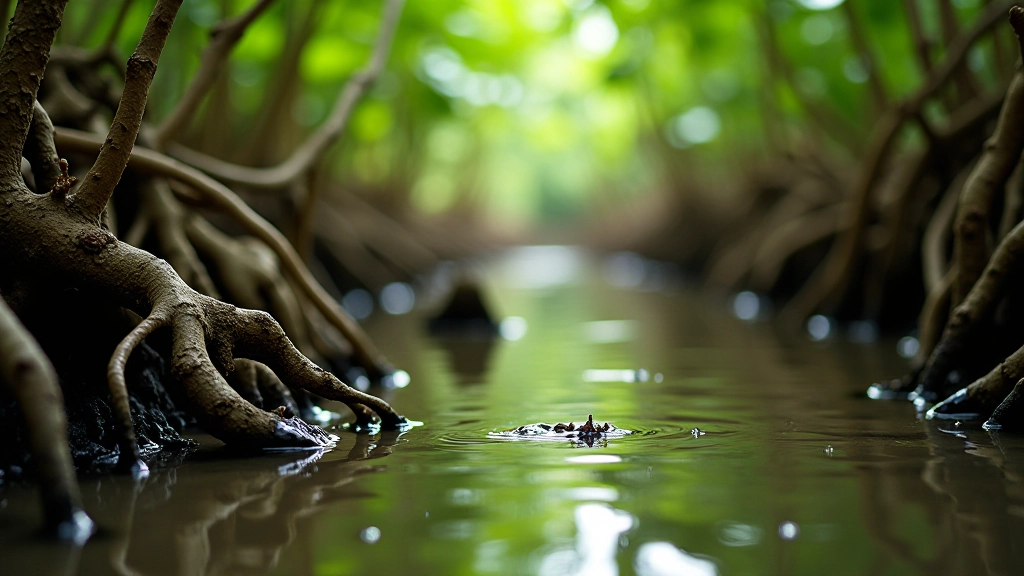 Detalle del ecosistema de manglar con fauna y vegetación única de Jobos