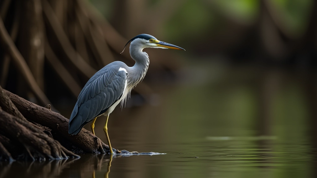 Vista cercana de un pájaro zancudo gris-azul de perfil en su hábitat natural entre raíces de manglar
