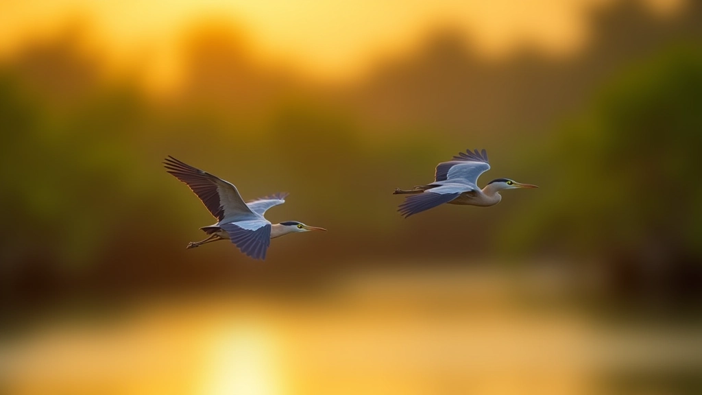 Dos pájaros garzas en vuelo sobre aguas tranquilas con vegetación de mangles de fondo al atardecer