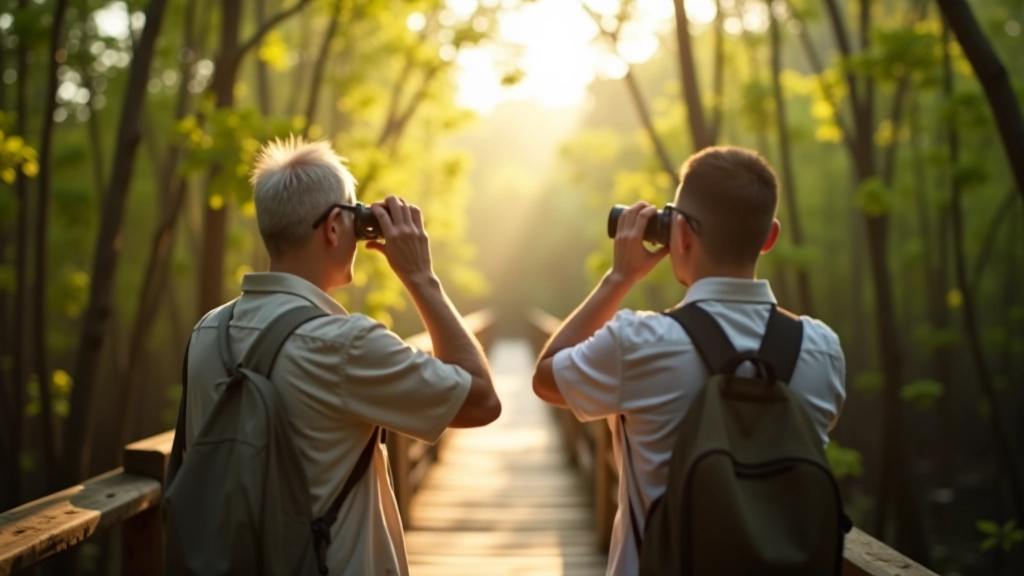 Dos observadores de aves usando binoculares desde una pasarela de madera, mirando hacia los árboles de manglar en la mañana